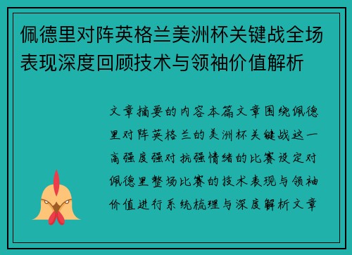 佩德里对阵英格兰美洲杯关键战全场表现深度回顾技术与领袖价值解析