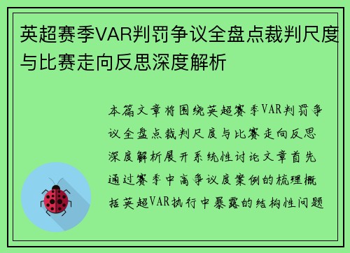 英超赛季VAR判罚争议全盘点裁判尺度与比赛走向反思深度解析