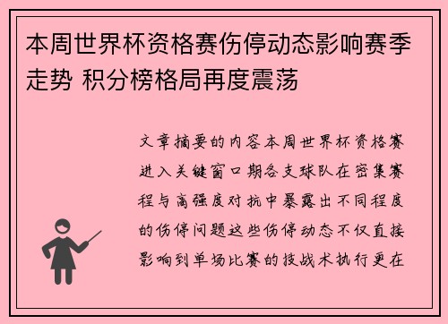 本周世界杯资格赛伤停动态影响赛季走势 积分榜格局再度震荡